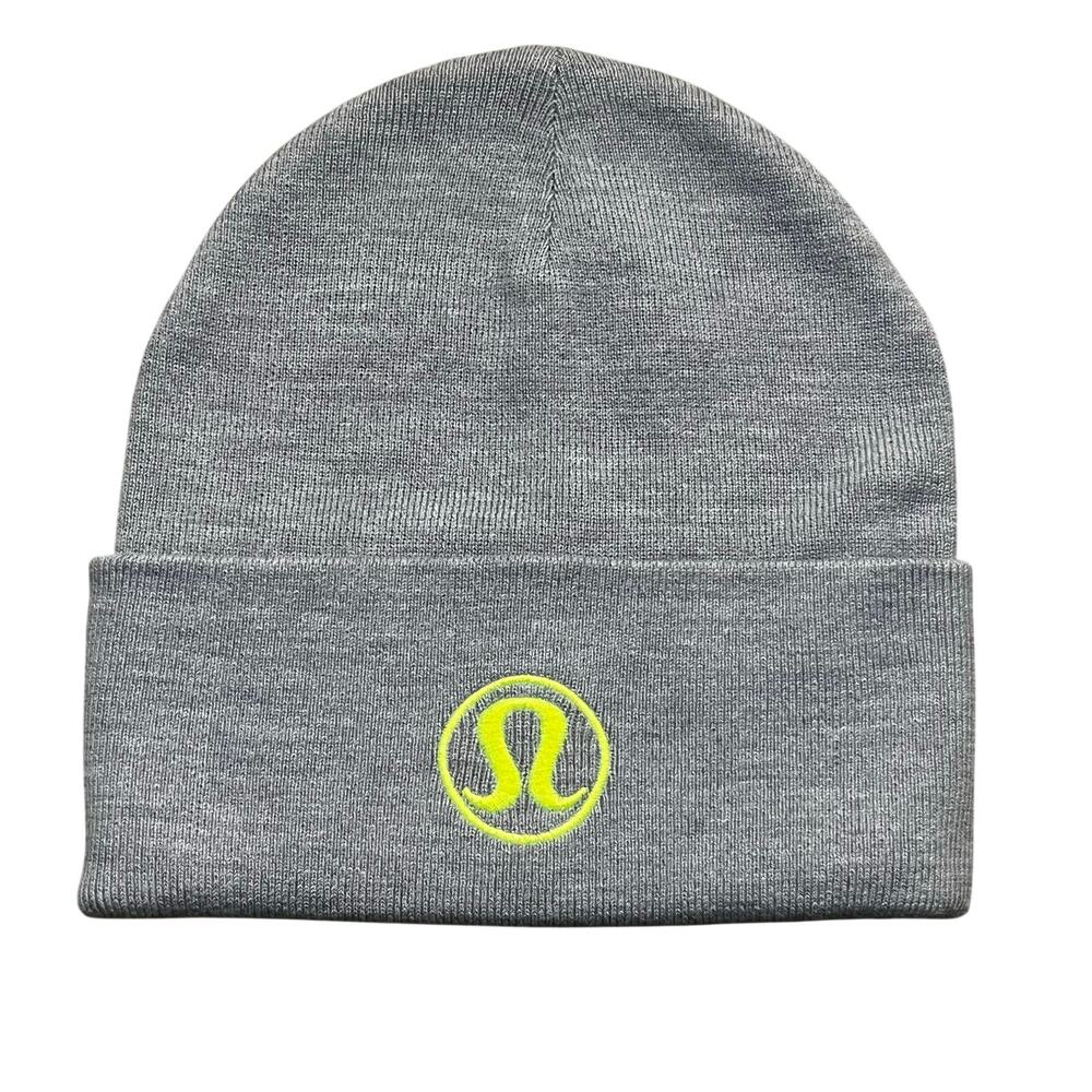 Lululemon Gray Merino Wool‎ Blend Beanie Hat Neon Logo One Size Winter Running